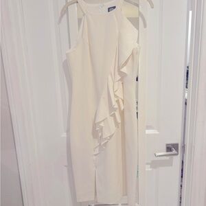 Women’s cream midi Vince Camuto halter dress with front ruffle, new never worn